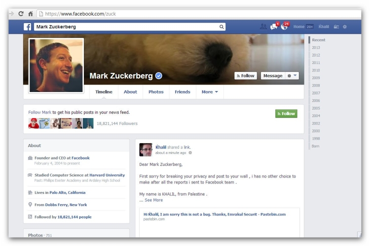 Internauta wytknął błąd na Facebooku publikując na tablicy Zuckerberga